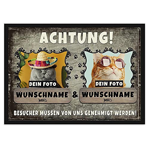 Personalisierte Fußmatte Bedrucken mit Wunschfoto und Wunschname der Katzen - Geschenkidee für Katzenbesitzer - für Zwei Katzen, 75 x 50 cm