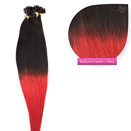 Naturschwarz/Rot Ombre Bonding Extensions aus 100% Remy Echthaar - 300x 1g 60cm Ombre Strähnen U-Tip als Haarverlängerung und Haarverdichtung in der Farbe 1b/Naturschwarz/Rot