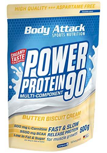 Body Attack Power Protein 90, 5K Eiweißpulver mit Whey-Protein, L-Carnitin und BCAA für Muskelaufbau und Fitness, Made in Germany (Butter Biscuit Cream, 500g)