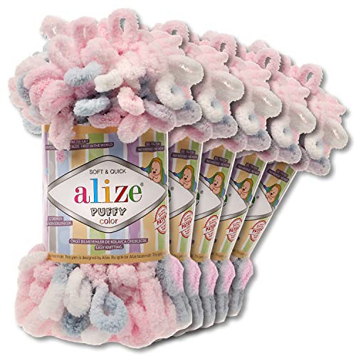 Wohnkult Alize 5x100 g Puffy Color Premium Wolle 26 Farbkombinationen Chenille Handarbeit Stricken und Häkeln ohne Hilfsmittel Smart Yarn (5864)