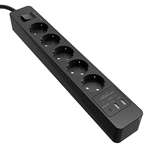 KabelDirekt – 5-Fach-Steckdosenleiste & Mehrfachsteckdose (USB, Power Delivery 3.0, Schnellladegerät, lädt geräteabhängig bis zu 3× schneller, Überspannungs-/Berührungsschutz, TÜV-geprüft, schwarz)