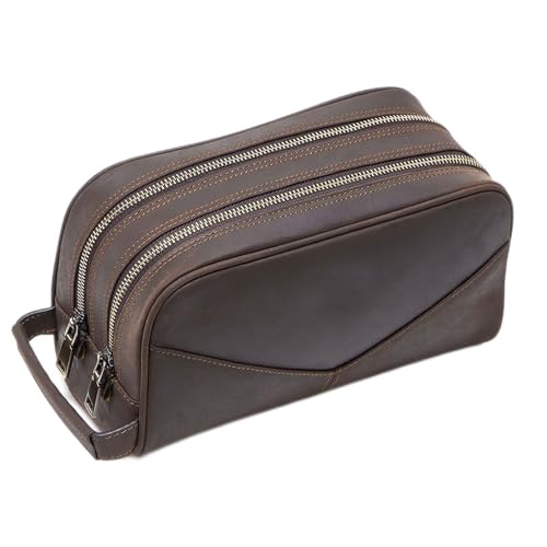 SSWERWEQ Handtasche Leather Men Cosmetic Case Makeup Bag travel Toiletry Hand-held Make up wash Bags Double Zipper