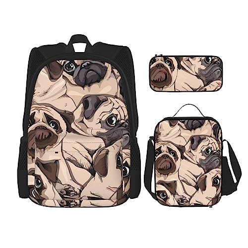 PartyUnix Hunderucksack 3-teilig Schulranzen mit Brotdose und Federmäppchen Set =>> geeignet für Jungen und Mädchen, Schwarz , Einheitsgröße, Kinderrucksack