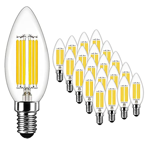 E14 Kerze LED Lampe 6W Ersetzt 60W, 600 lumen, Kaltweiß 6500K, Filament Fadenlampe Ideal für Kronleuchter und Kristalllichter, AC 220-240V, Nicht Dimmbar, Glas, 20er Pack - MAYCOLOR