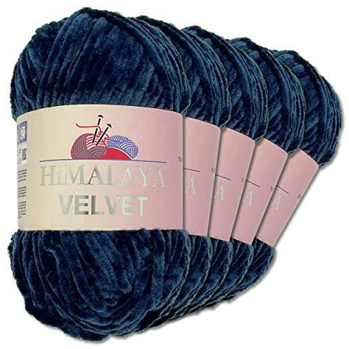 Wohnkult Himalaya 5 x 100 g Velvet Dolphin Wolle 40 Farben zur Auswahl Chenille Strickgarn Glanz Flauschgarn Accessoire Kleidung (90021 | Dunkelblau)