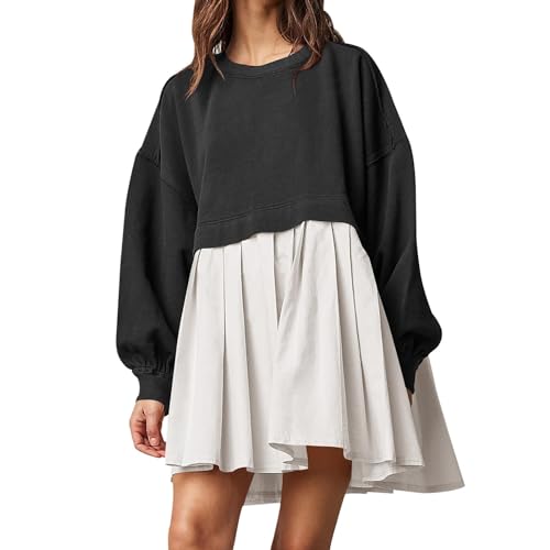 Übergroßes Sweatshirt-Kleid for Damen, lässig, Rundhalsausschnitt, langärmelig, Patchwork-Pullover, entspannte Passform, Sweatshirt-Minikleid (Color : Black and White, Size : Small)