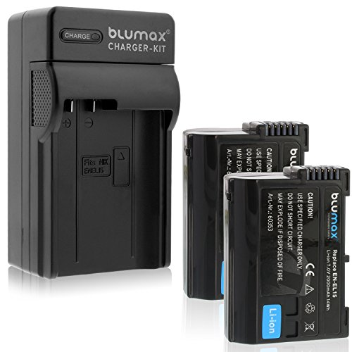 Blumax 2X EN-EL15 2000mAh + Ladegerät EN-EL15 | passend zu DSLR D7200 D750 D500 D7000 D800 D810 D810e D600 D610 D7100 D850 D7500