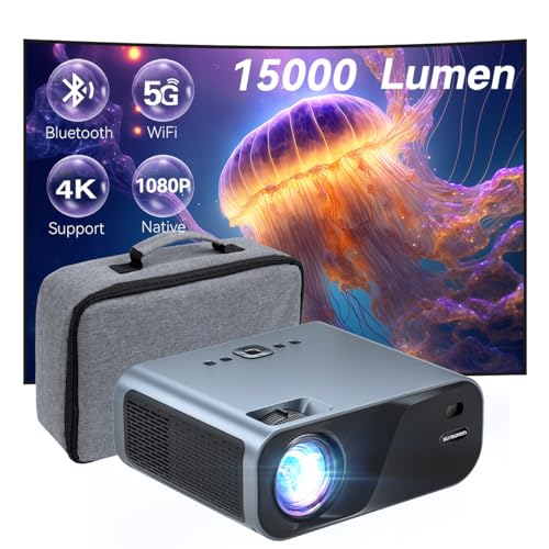 SUREWHEEL Mini Beamer E60 15000 Lumen Native 1080P Unterstützt 4K Videoprojektor 5G WiFi Kompatibel Bluetooth/TV-Stick/HDMI/USB/Telefon/Tablet/Spielekonsole (Grau)