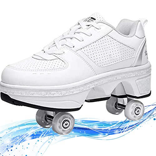 Verstellbare Quad-Rollschuh-Stiefel,Quad Skate Rollschuhe Skating，Multifunktionale Deformation Schuhe 2 In 1,White-EUR34