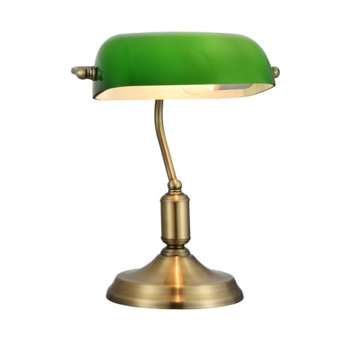 Schreibtischlampe mit Metallsockel, im Banker Stil, Lampenschirm aus geblasenem Glas, grün, 1-flammig, 1 X E27 40W