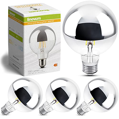 linovum LED Kopfspiegel Birne E27 mit 7W warmweiß - Globe Spiegelkopf Glühlampe mit verspiegeltem Kopf für blendfreies Licht