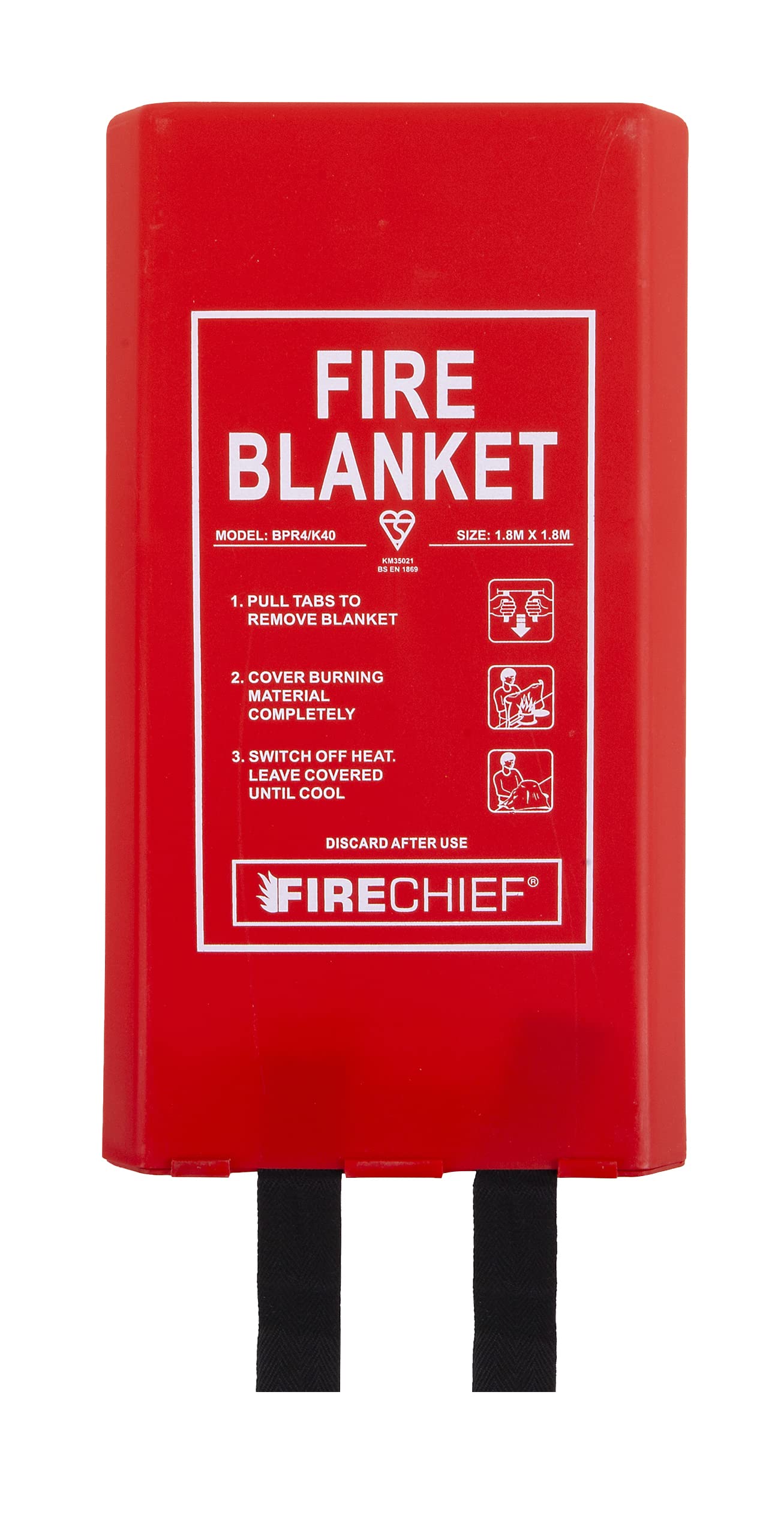 Firechief BPR4/K40 Feuerlöschdecke mit Gütesiegel, kommerzielle Feuerlöschdecke (1,8 m x 1,8 m) mit robustem Kunststoffgehäuse, geeignet für den Einsatz zu Hause, am Arbeitsplatz und auf einer Person