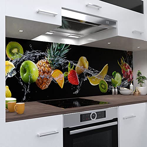 OneWheel | selbstklebende Küchenrückwand | 340x60 cm harte PVC Folie | Wandtattoo für Fliesenspiegel Design Früchte Weiss | Motiv: Fruchtsplash