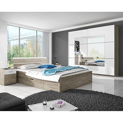 Lomadox Schlafzimmer Möbel-Set mit Schwebetürenschrank in Sanremo Eiche Nb. mit weiß Liegefläche 180x200 cm