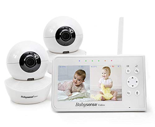 Babysense Babymonitor mit Geteilter Bildschirm 4,3“, Video Babyphone mit zwei Kameras, PTZ-Funktion, Reichweite 300m (freien Raum), Nachtlicht, Zwei-Wege-Kommunikation, Nachtsicht, Schlaflieder