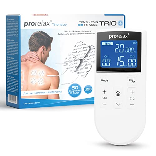 prorelax TENS/EMS Trio+ | Akkubetriebenes Elektrostimulationsgerät | 3 Therapien - TENS, EMS, FITNESS | Zur Entspannung, zum Muskelaufbau, zur Schmerzlinderung | 50 Programme | 16 Intensitätsstufen