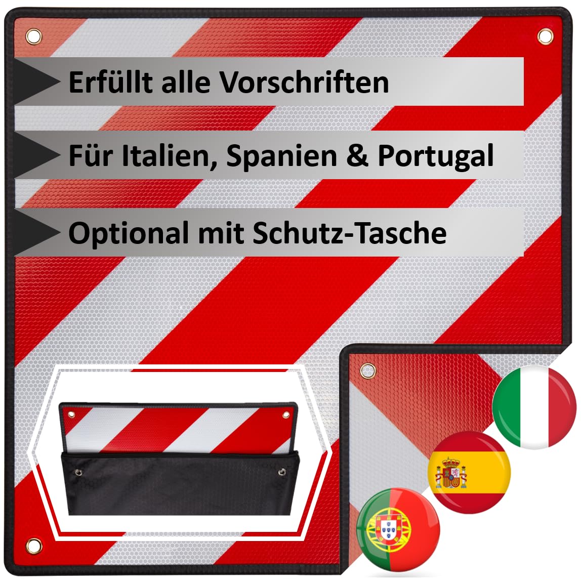 MATADORES Premium 2in1 Warntafel für Italien UND Spanien + Portugal | Aluminium, 50x50cm, reflektierend | Für Fahrradträger/Heckträger…