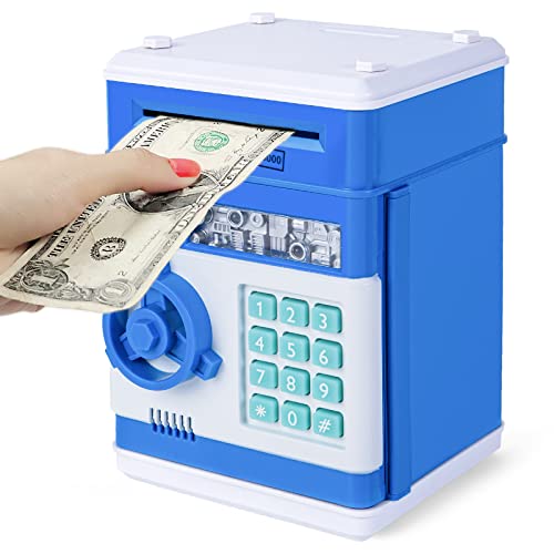 Highttoy Sparbüchse für Kinder von 3 bis 12 Jahren, Passwort Geld Sicher Bankautomat Money Safes Cash Coin Money Safe Spielzeug für 5-15 Jahre alte elektronische Münzautomaten Box für Kinder Sparbüchse Blau