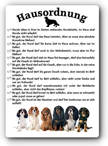 Blechschild / Warnschild / Türschild - Aluminium - 30x40cm - Lustige Hausordnung für Mensch und Hund: Cavalier King Charles Spaniel