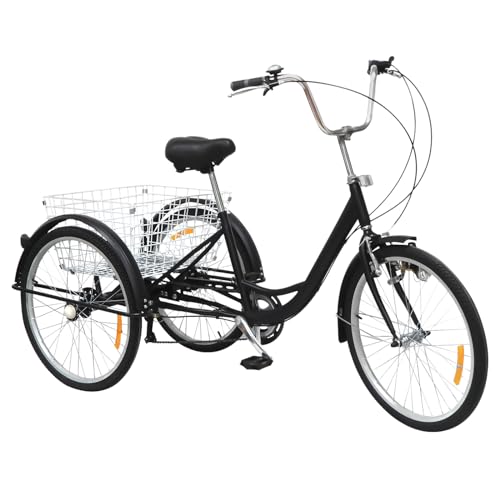 HINOPY Dreirad für Erwachsene, 24" 6-Gang Erwachsenendreirad 3 Rad Fahrrad Senioren Tricycle mit Körb für Einkaufen, Reisen, Picknick (Schwarz)