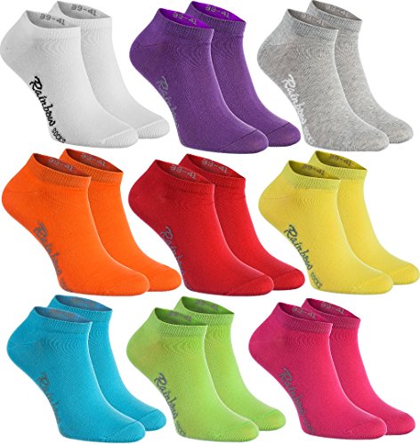 Rainbow Socks - Damen Herren Baumwolle Bunte Sneaker Socken - 9 Paar - Weiß Violett Grau Orange Rot Gelb Teal Grün Magenta - Größen 47-50