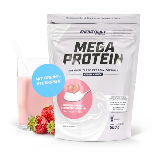 Energybody Mega Protein "Erdbeer-Joghurt" 500 g/Mehrkomponenten Protein Pulver mit Casein Whey Mix als Eiweiss Protein Pulver/Eiweiß Shake ohne Aspartam/Eiweißpulver / 20 Portionen