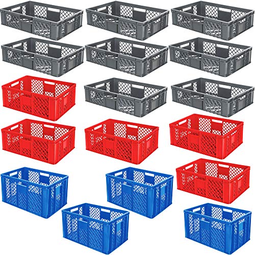 17-teiliges Set, Bäckerkisten/Eurobehälter durchbrochen, Grundmaß LxB 600x400 mm, H 150-320 mm, 27-63 Liter, blau, grau, rot