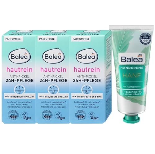 Balea 4er-Set Hautpflege: Anti-Pickel 24h Pflege HAUTREIN Spezialpflege Gesichtscreme bei Pickeln & Mitessern, parfumfrei (3 x 50 ml) + Handcreme HANF für geschmeidig weiche Hände (75 ml), 225 ml