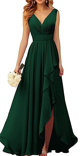 WSEYU V-Ausschnitt Chiffon Brautjungfer Kleider für Hochzeit Lange Formale Abendkleid mit Rüschen Schlitz, smaragdgrün, 42