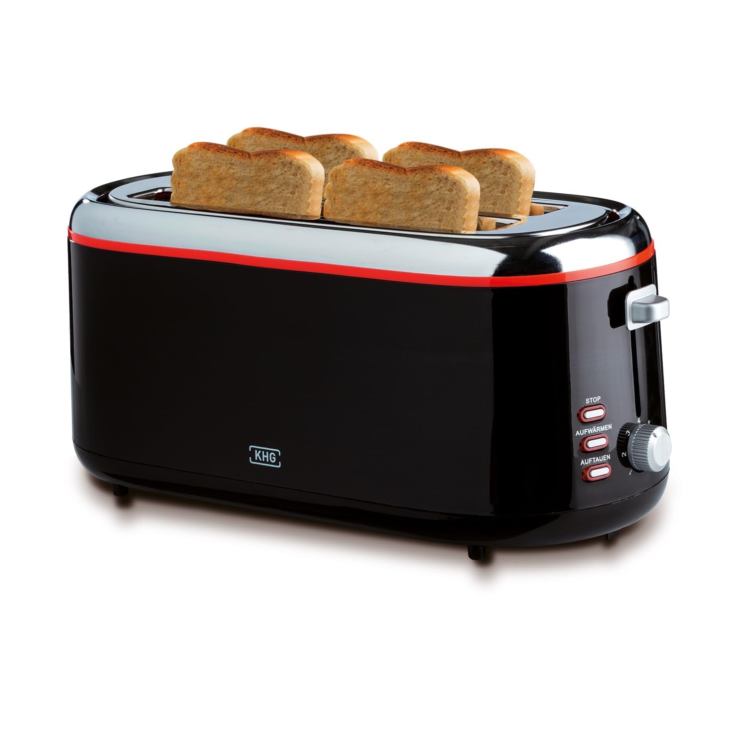 KHG Toaster TO-1301LSS | Langschlitztoaster 4 Scheiben Schwarz glänzend 1300 W | mit Brötchenaufsatz, 7 Röstgradstufen mit Bräunungsgradkontrolle, Krümelfach, Auftau- und Aufwärmfunktion