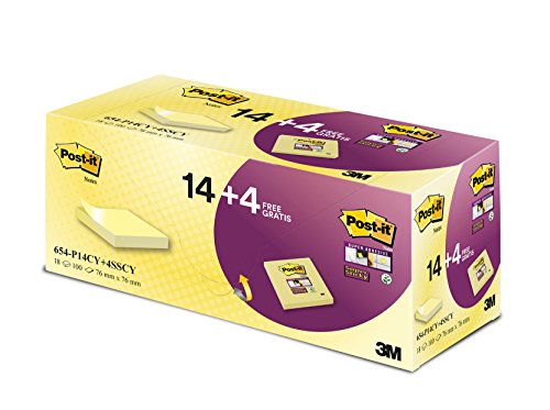 Post-it Notes Promotion 654-P14CY+4SSCY – Selbstklebende Haftnotizzettel in 76 x 76 mm – 18 Notizblöcke quadratisch à 100 Blatt in Gelb