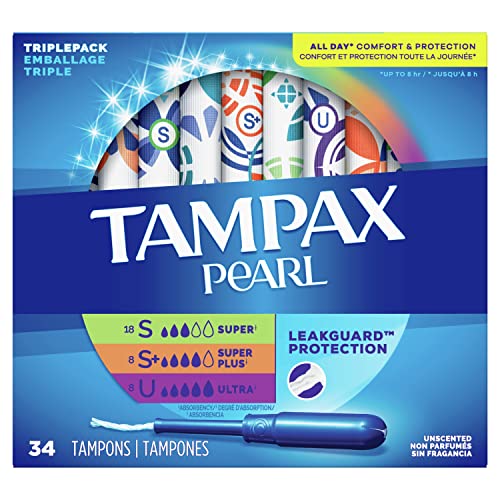 Tampax Pearl Tampons Trio Pack, Super/Super Plus/Ultra Saugfähigkeit mit BPA-freiem Kunststoff-Applikator und LeakGuard-Geflecht, geruchlos, 34 Stück