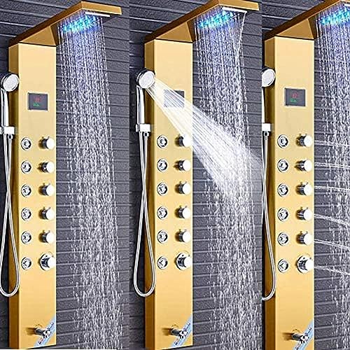 PIWYTRB Badezimmer-Duschpaneel, Goldener gebürsteter Wasserfall-Regenduschkopf, heiße und kalte Mischbatterie für Badezimmer-Dusche