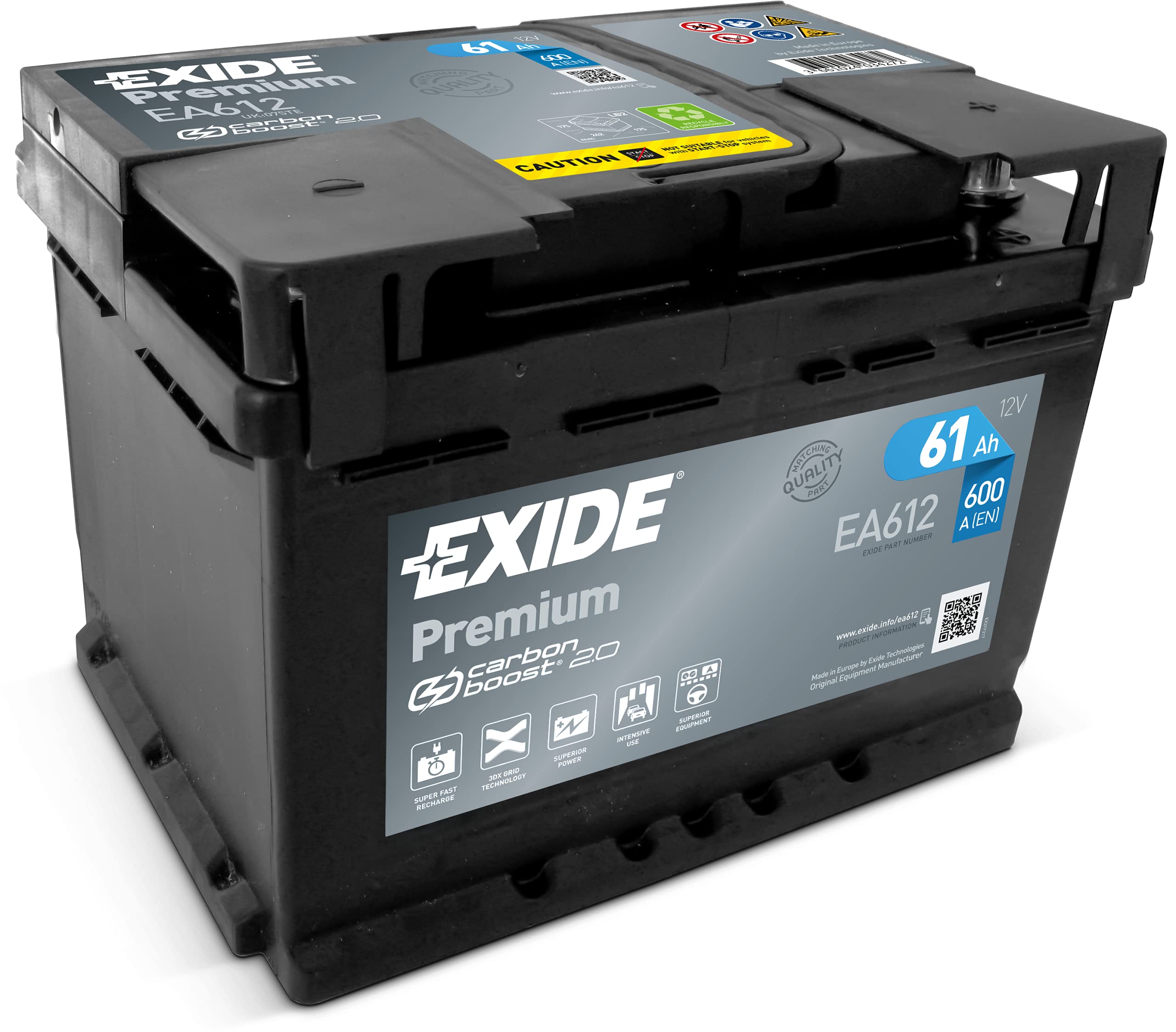 BATERÍA 12V/61AH - 600 CCA - SERIE EXIDE PREMIUM EA612