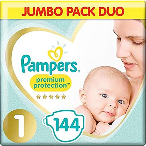 Pampers Baby Windeln Größe 1 (2-5 kg/1,8-5 kg) Premium Protection (New Baby), 144 Count, Jumbo Pack Duo, Baby Essentials für Neugeborene