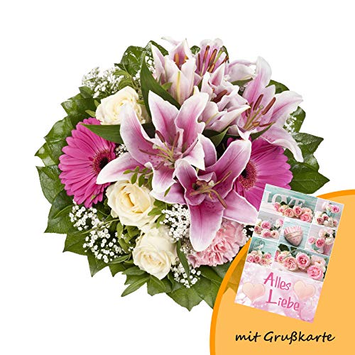 Dominik Blumen und Pflanzen, Blumenstrauß "Laura" mit rosa Lilien, Rosen und Gerbera und Grußkarte "Alles Liebe"