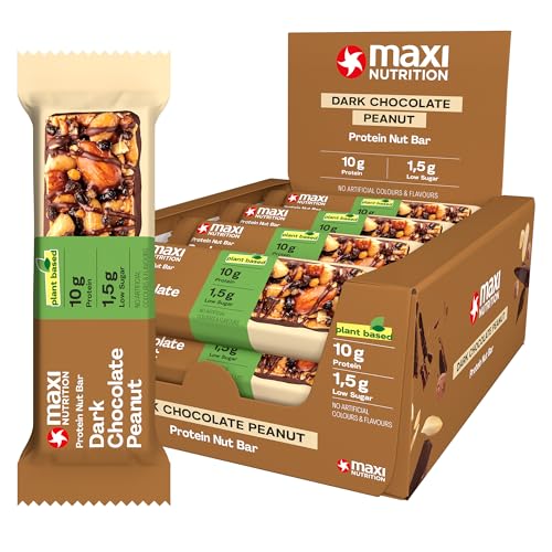 MaxiNutrition Dark Chocolate Peanut Nussriegel vegan 12x46g – Riegel aus ganzen Nüssen mit 22% Protein, plant based, ohne Zuckerzusatz, ohne künstliche Aromen
