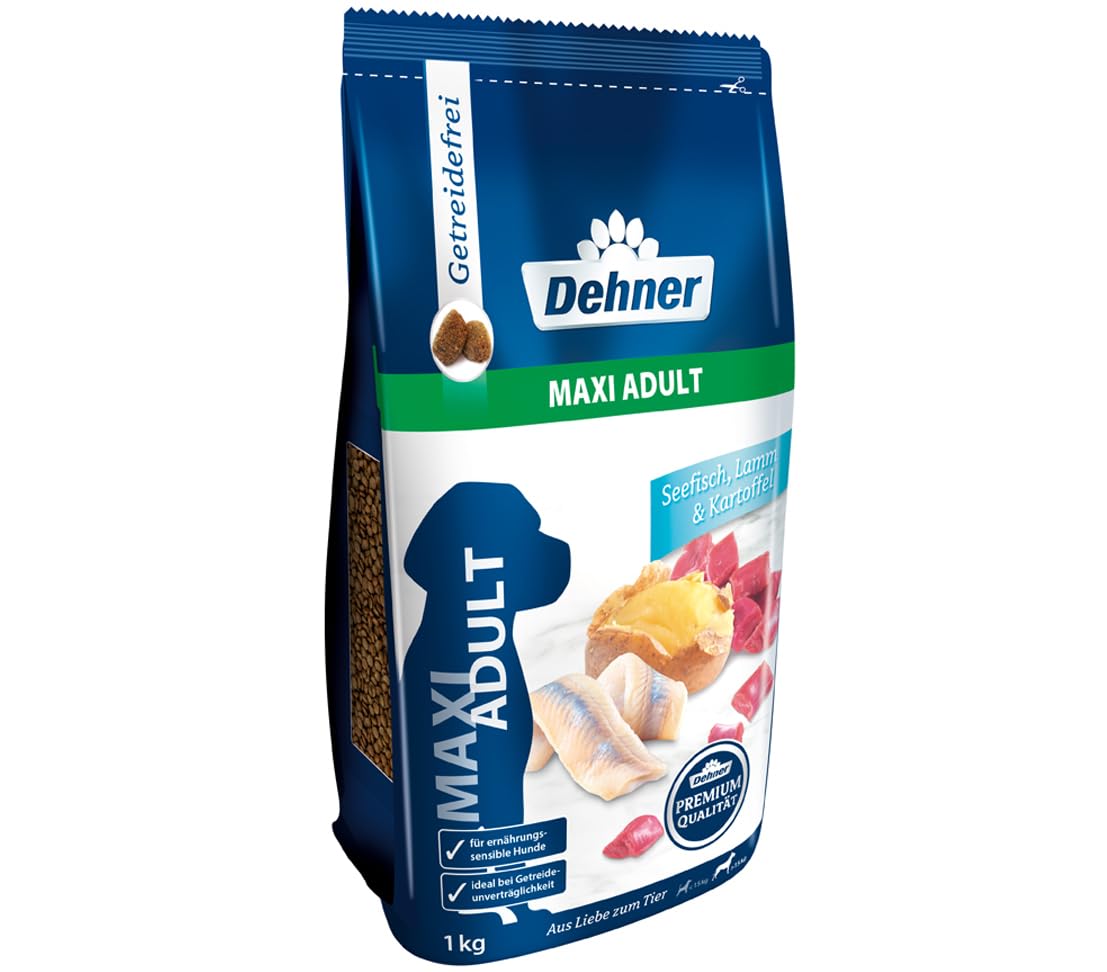 Dehner Premium Hundefutter Maxi Adult, Trockenfutter getreidefrei, für ausgewachsene Hunde großer Rassen, Fisch / Lamm / Kartoffel, 12.5 kg