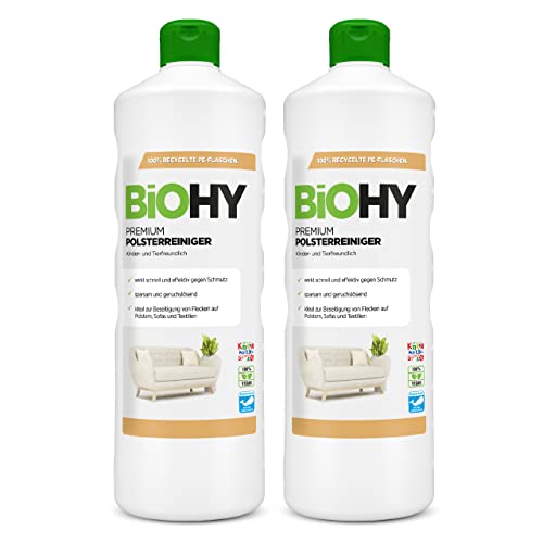 BiOHY Premium Polsterreiniger (2 x 1 liter) | Bio Konzentrat für Polstermöbel, Sofas, Teppiche & Textilien | für Nasssauger & andere Geräte geeignet| geruchslösender Fleckentferner
