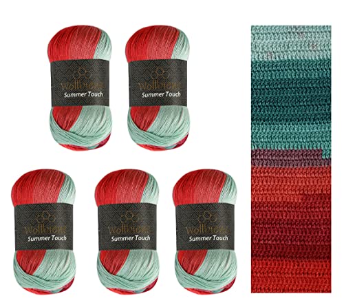 Wollbiene Summer Touch Batik 5 x 100 Gramm Wolle Mehrfarbig mit Farbverlauf, 500 Gramm merzerisierte Strickwolle Microfiber-Acryl (514 grün-rot)