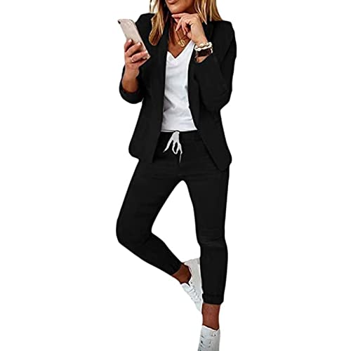 Yokbeer Hosenanzüge für Damen Elegant Zweiteilig Business Outfit Set Langarm Blazer Anzugjacke und Anzughosen 2 Teiler Büro Slimfit Streetwear Formal Modern Festlicher (Color : A-Black, Size : L)