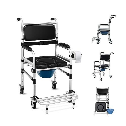 Patientenlift-Rollstuhl, höhenverstellbarer Toiletten-Duschstuhl, Toilettenstuhl für die Toilette, 3-in-1-Mobilitätstoilettenstuhl, mit abnehmbarem Eimer, mit gepolstertem Sitz, 4 Radbremsen