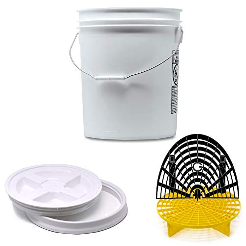 Detailmate professionelles Wasch Eimer Set: Magic Bucket Wascheimer 5 GAL (ca. 20 Liter), Gamma Seal Eimerdeckel weiß, GritGuard Schmutz Einsatz gelb, GritGuard Washboard schwarz