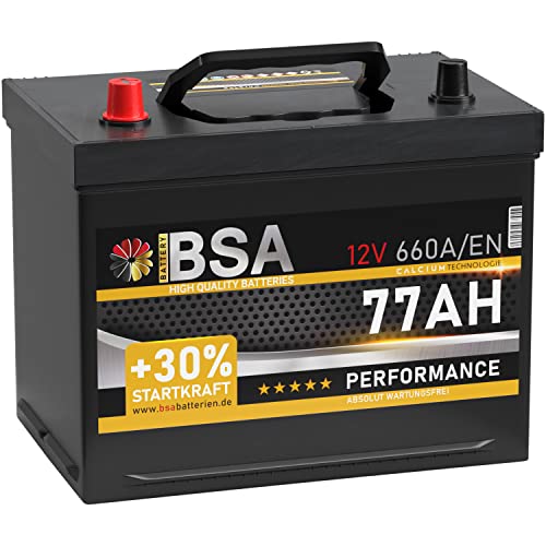 BSA ASIA Autobatterie 77Ah 12V 660A/EN ASIA Batterie Plus-Pol Links 30% mehr Startleistung ersetzt 70Ah 80Ah
