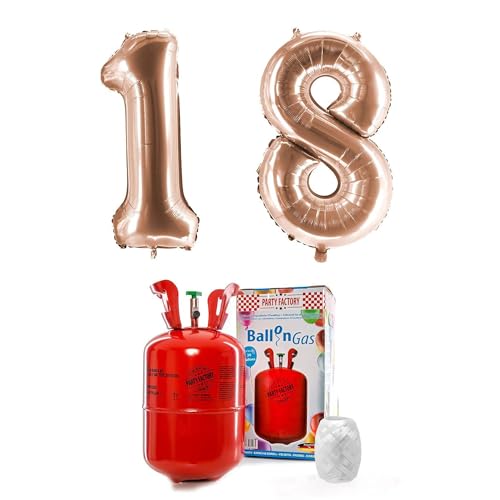 PARTY FACTORY Helium Set "18" mit XXL Zahlenballons, Ballongas und Ballonschnur - für Geburtstag, Jubiläum, Jahrestag; Gold, Silber, Schwarz, Pink, Rosa, Rosagold, Bunt (Roségold)