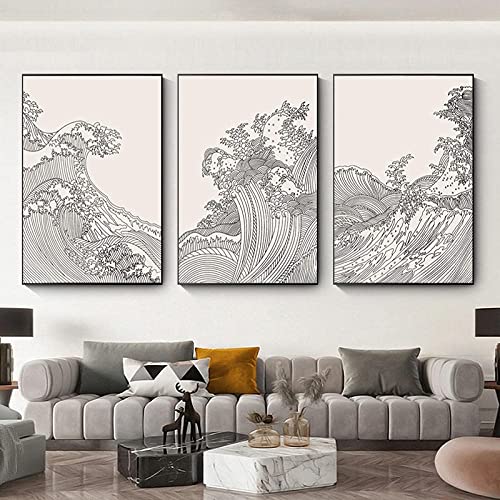 Artwork Painting 3 Pieces 50x70cm Frameless Vintage Beige Poster Print Japanese Landscape Wave Kanagawa Art Wall Picture Living Room Home Decor