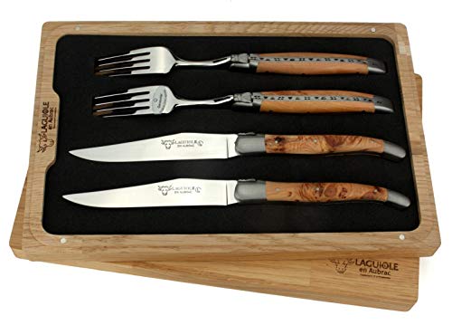 Laguiole en Aubrac - 2 Steakmesser und 2 Gabeln im Set - Griff Wacholder Holz - Original Frankreich mit Zertifikat
