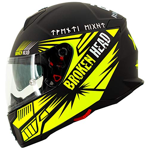 Broken Head Division - Sportlicher Integralhelm mit Sonnenblende Mattschwarz Neon-Gelb (M 57-58 cm)