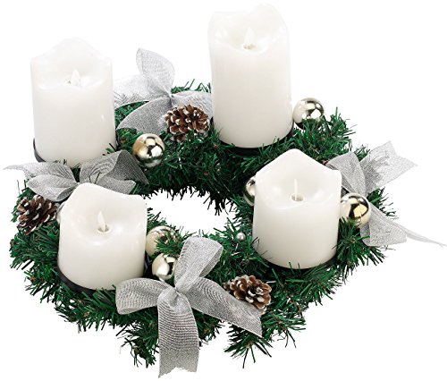 Britesta Fertiger Adventskranz: Adventskranz, silbern, 4 weiße LED-Kerzen mit bewegter Flamme (Adventsdeko-Kerzen-Kränze)