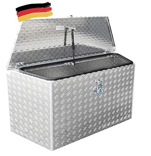 ADE Premium Trapez Deichselbox 1.000x(750) x350x500mm aus Alu Riffelblech inkl. Gasdruckdämpfer, Staubox, Werkzeugkasten, Gurtkiste, Ahängerbox, Edelstahlhaus GmbH, Made In Germany